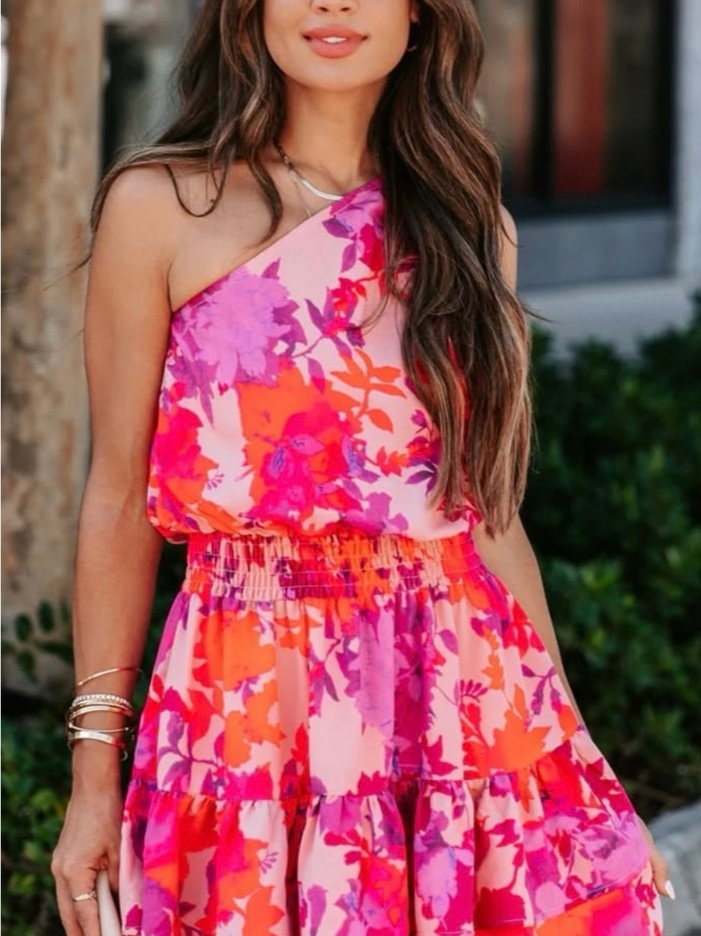 Entro One-Shoulder Pink & Orange Floral One-Piece Dress